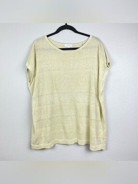 Kinross Women's Large Yellow Linen Shadow Stripe Knit T-Shirt Sleeve Tee Coastal